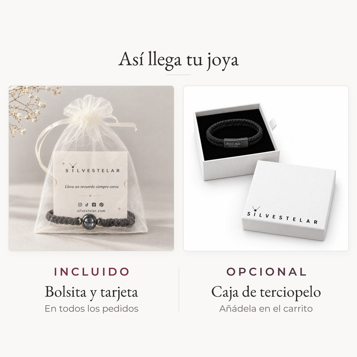 Así llega tu joya: bolsita de organza y tarjeta incluidas; caja de regalo de terciopelo opcional en el carrito