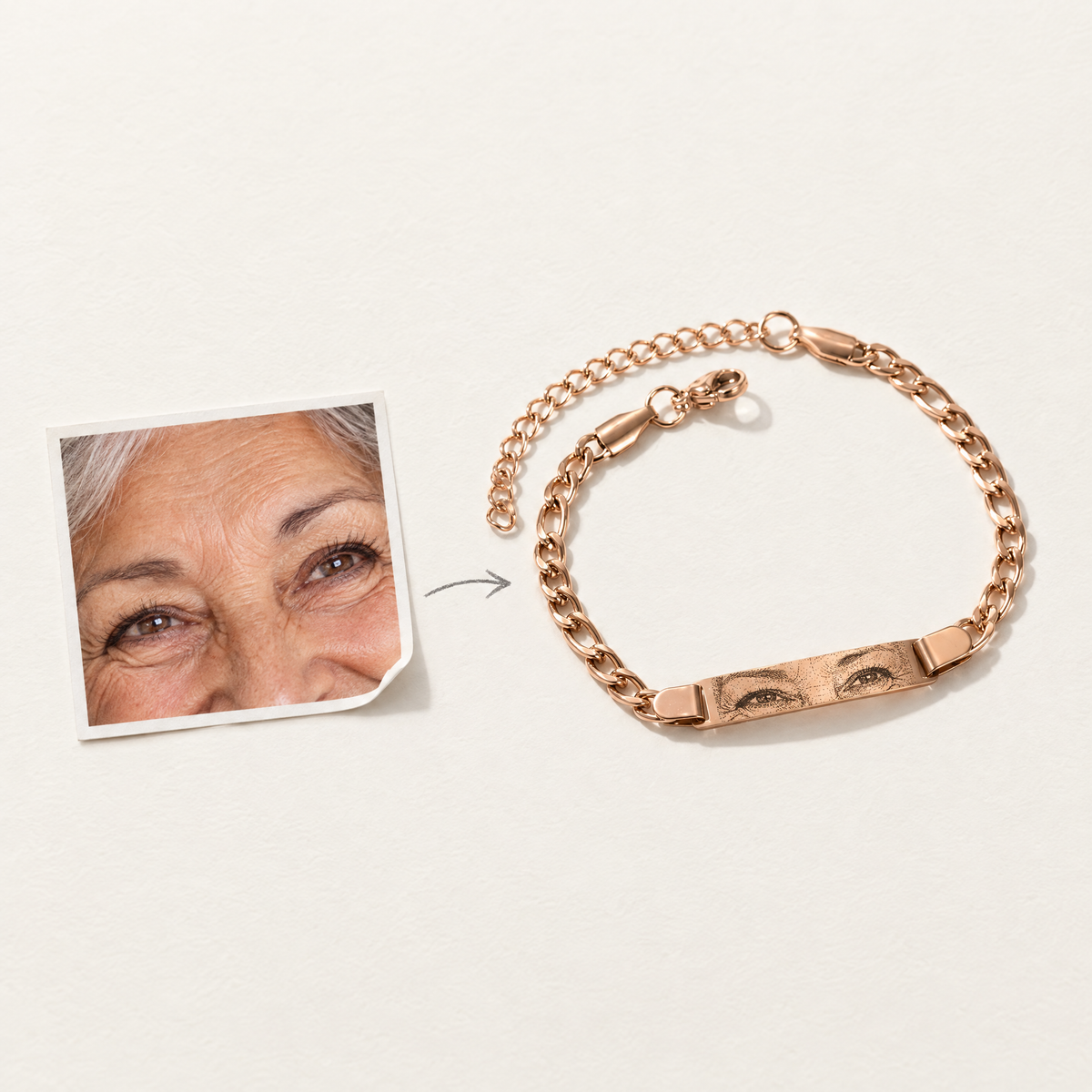 Foto de los ojos de una abuela y la misma mirada grabada en la pulsera en oro rosa