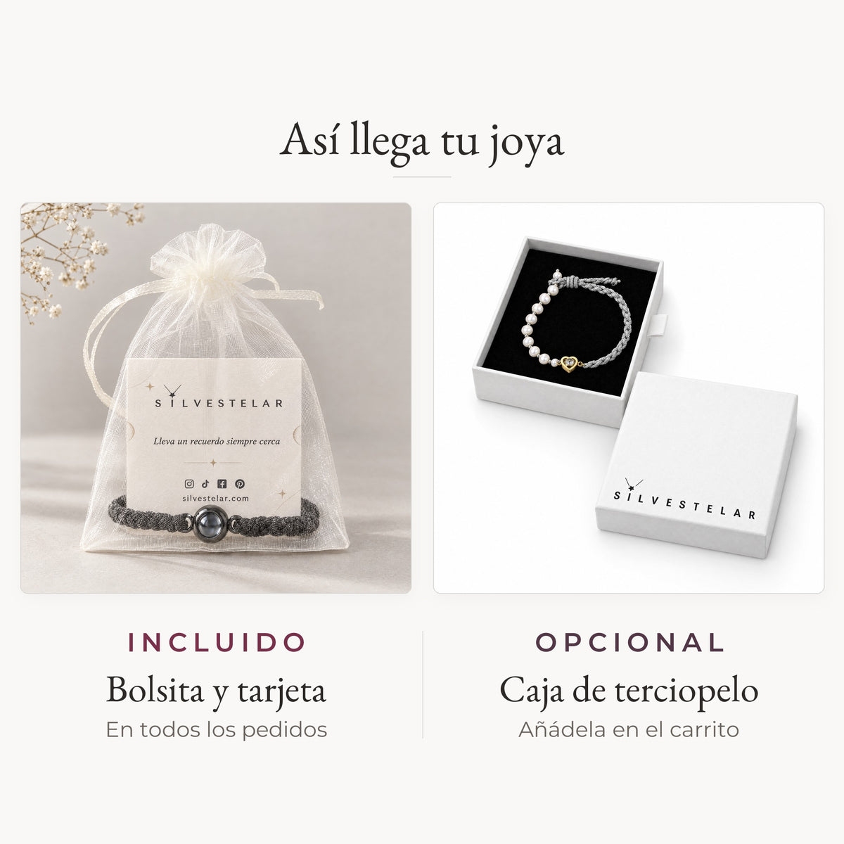 Así llega tu joya: bolsita de organza y tarjeta incluidas; caja de regalo de terciopelo opcional en el carrito