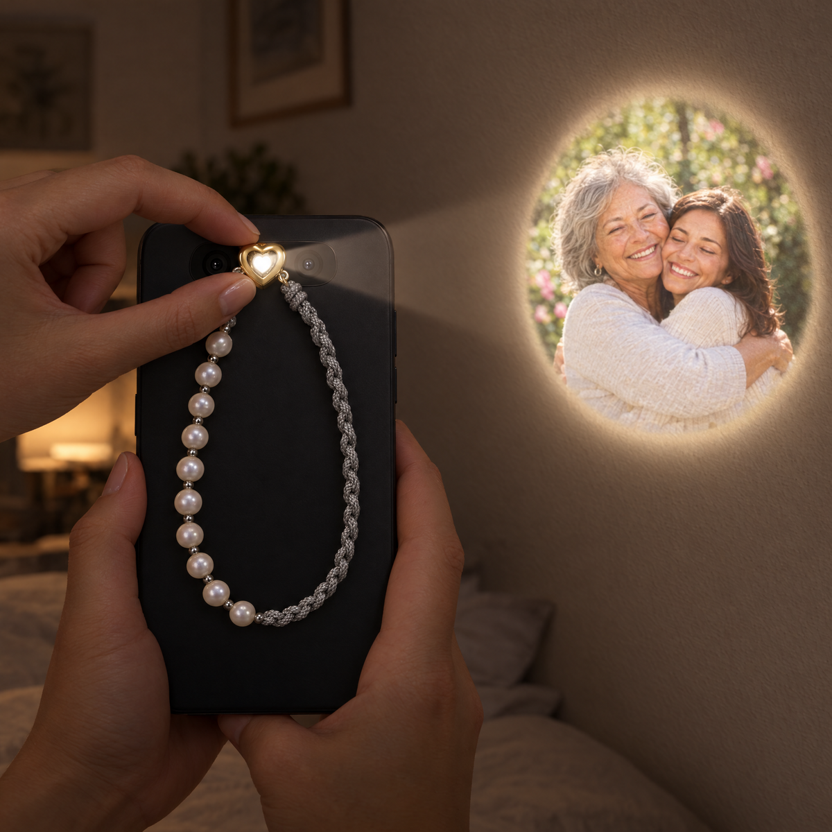 Pulsera Perla de Recuerdos proyectando la foto de una abuela y su nieta en la pared con la linterna del móvil