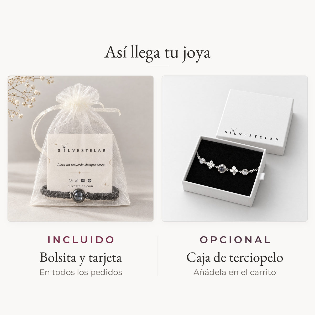 Así llega tu joya: bolsita de organza y tarjeta incluidas; caja de regalo de terciopelo opcional en el carrito