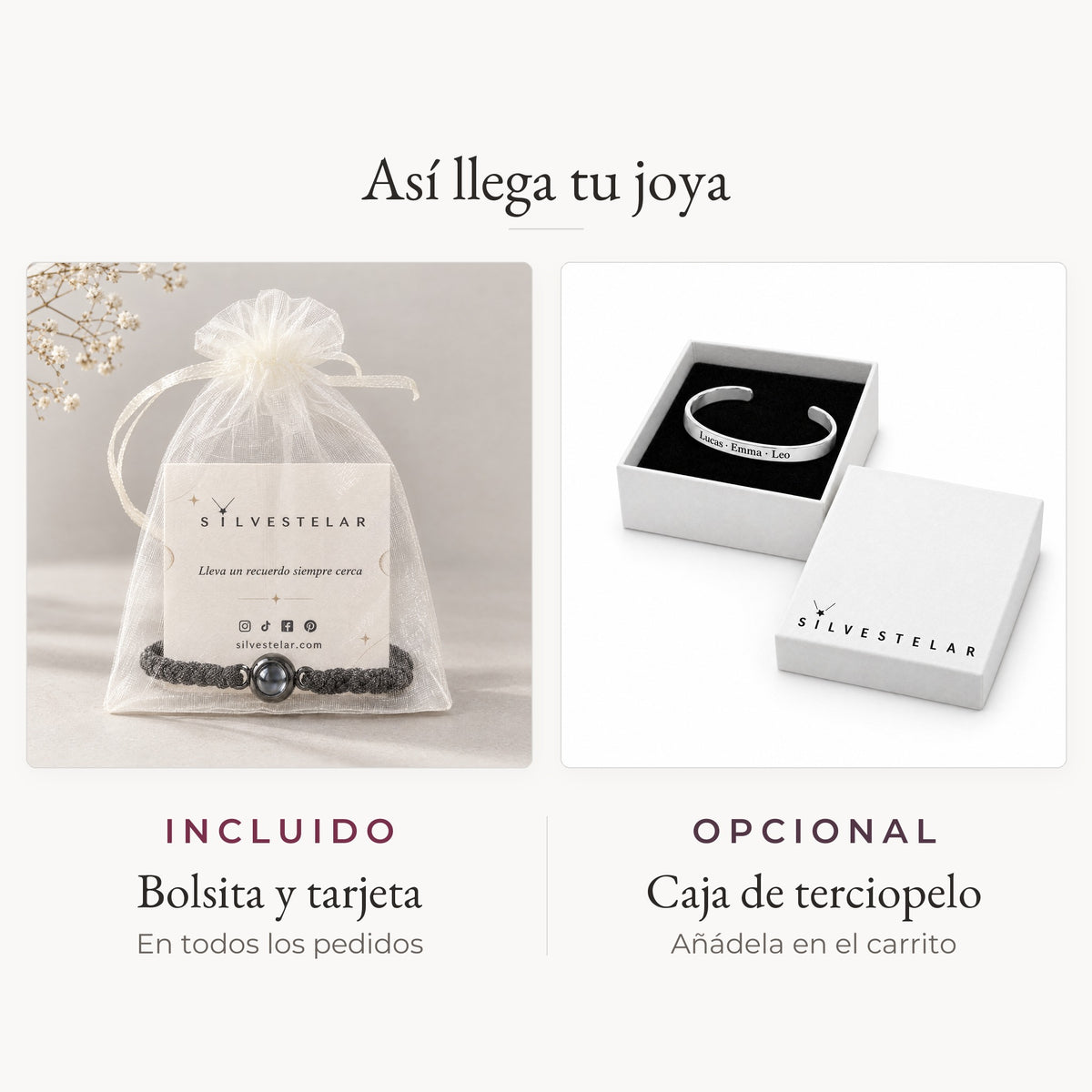 Así llega tu joya: bolsita de organza y tarjeta incluidas; caja de regalo de terciopelo opcional en el carrito