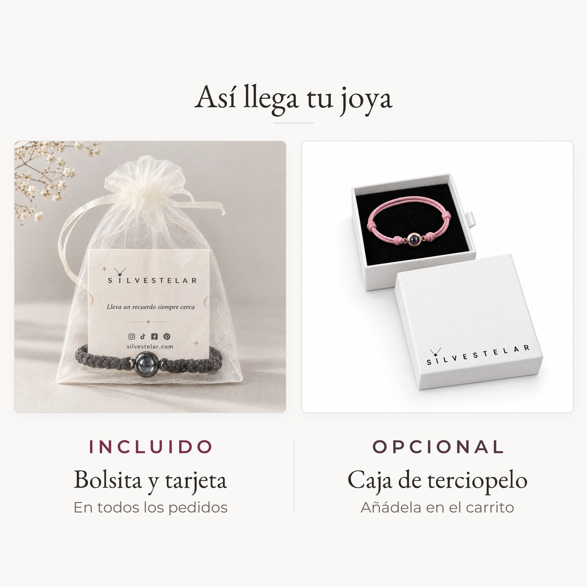 Así llega tu joya: bolsita de organza y tarjeta incluidas; caja de regalo de terciopelo opcional en el carrito