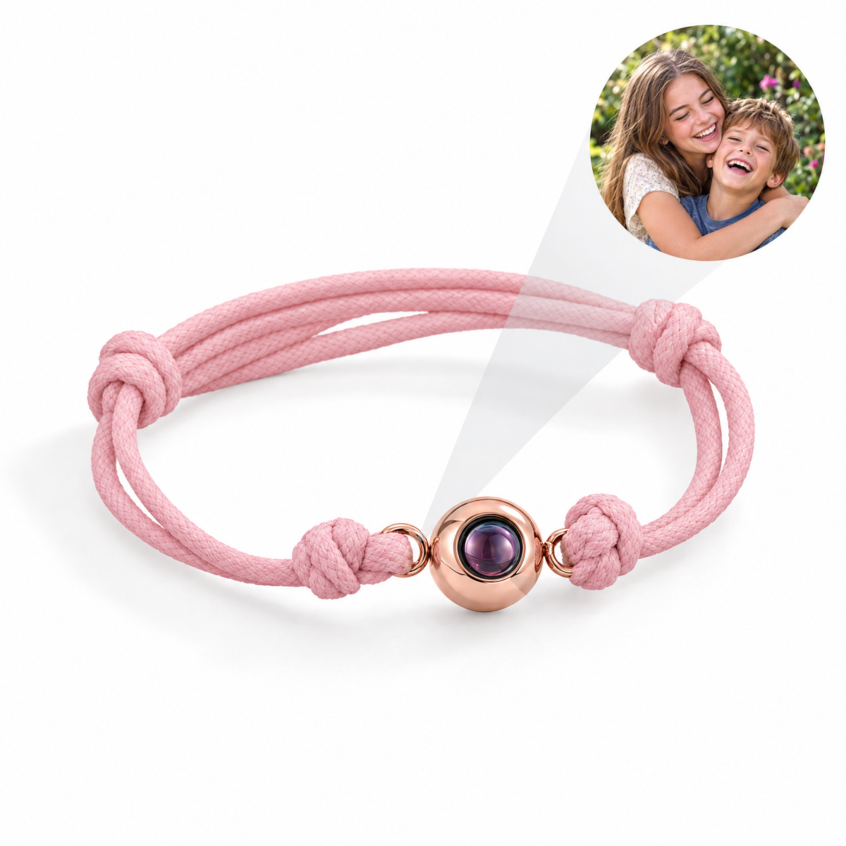 Pulsera Trendly de cordón rosa y mira en oro rosa con la foto de dos hermanos