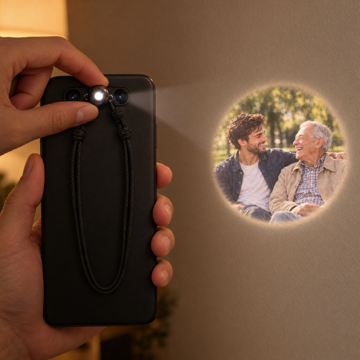 Pulsera Trendly proyectando en la pared la foto de un chico con su abuelo